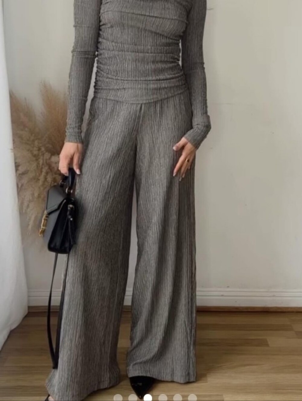 Zara Gray Textured Flowy Wide Leg Pants In Small